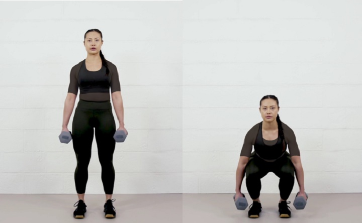 حرکات بدنسازی با دمبل؛ ۲۷ تمرین و انواع حرکات با دمبل_مجله رشد 79 ورزش با دمبل - اسکوات چمدان