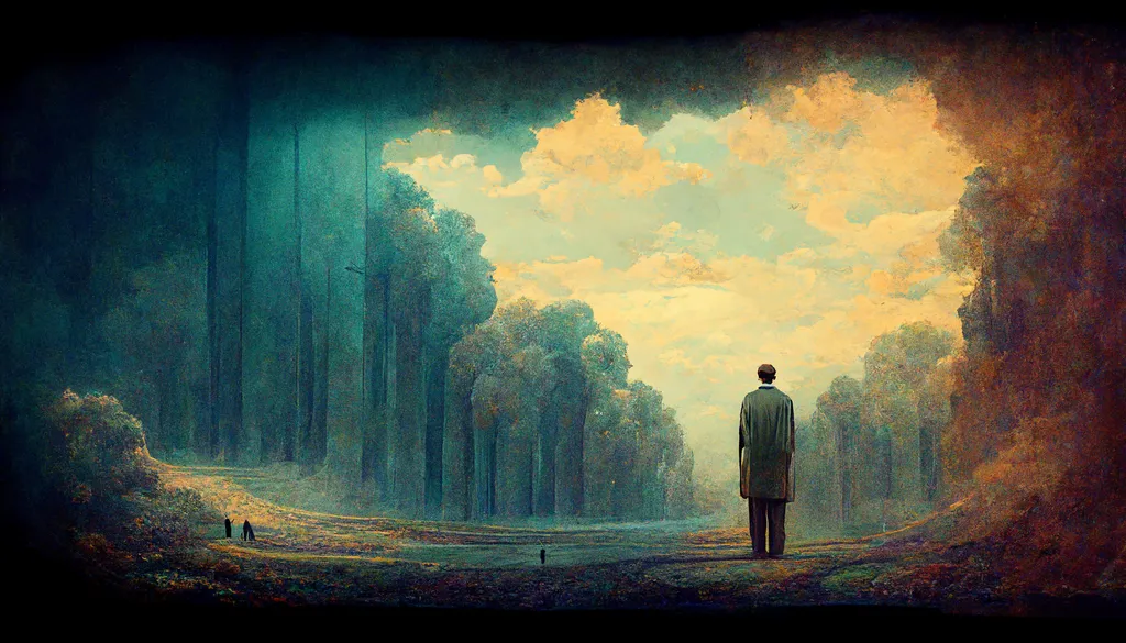 مقصد از خلقت انسان چیست؟_مجله رشد 22 مرد در نمای نقاشی درختان سبز پاییزی و آسمان